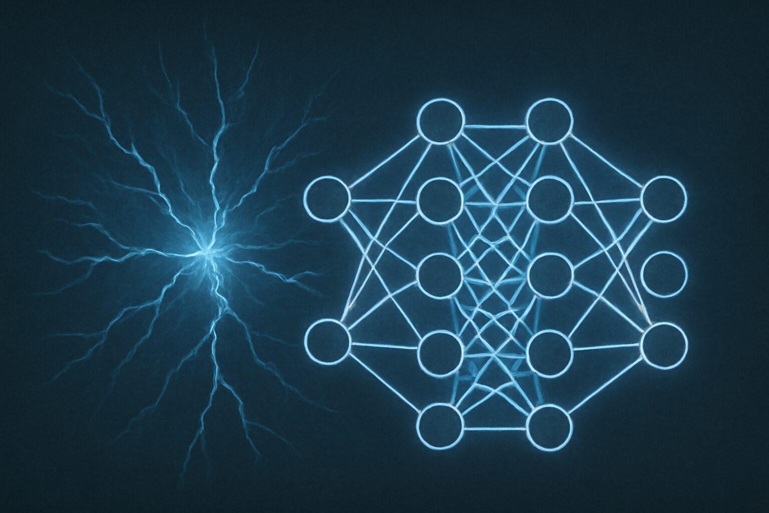 لوحة رقمية تُظهر شبكة عصبية تندمج بخطوط تشبه شرارات الإلهام، للدلالة على تحوّل الحدس إلى نموذج رياضي.
