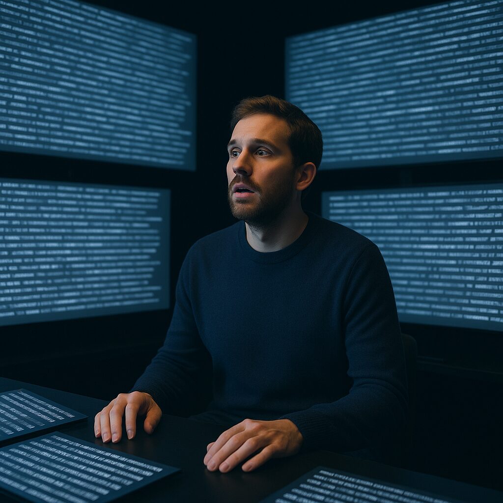 مجموعة من الشاشات تعرض مقاطع نصوص سريعة تمر كوميض، بينما يجلس شخصٌ مذهول لا يلاحق الإيقاع.