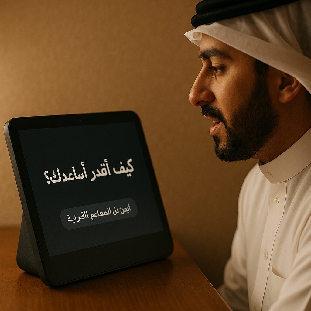 مستخدم عربي يتحدث إلى مساعد ذكي يعرض على شاشته نصوصًا باللهجة المحلية.