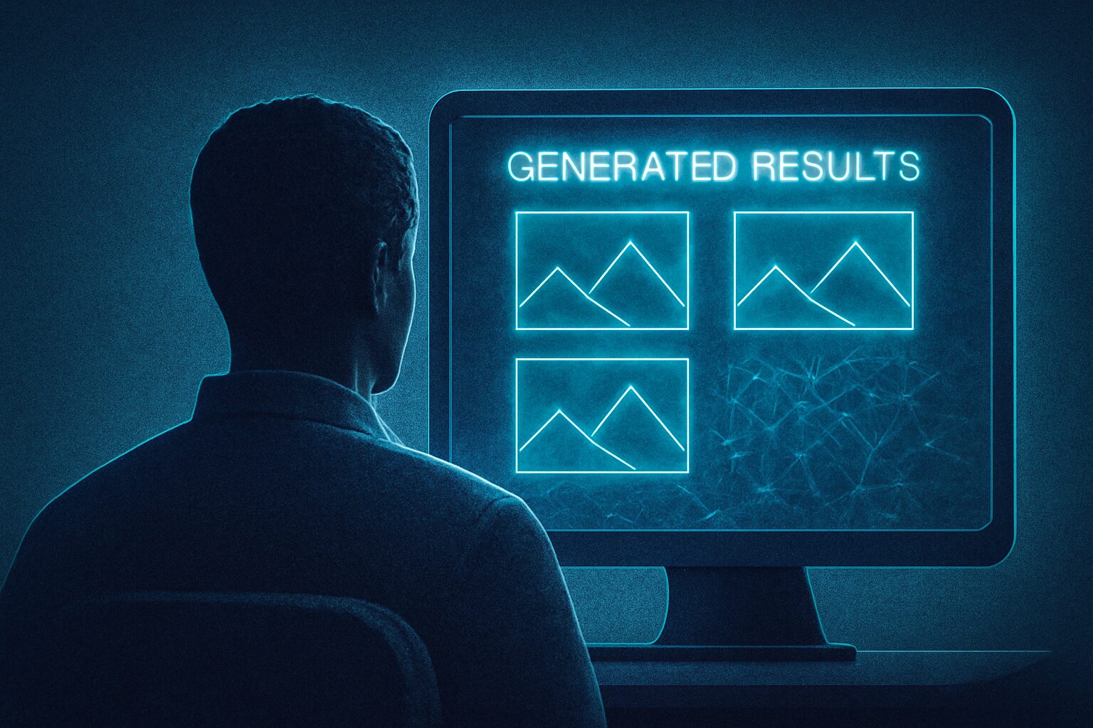 مستخدم يواجه شاشة تعرض نتائج توليدية تبدو واضحة لكنها مبنية على احتمالات خفية