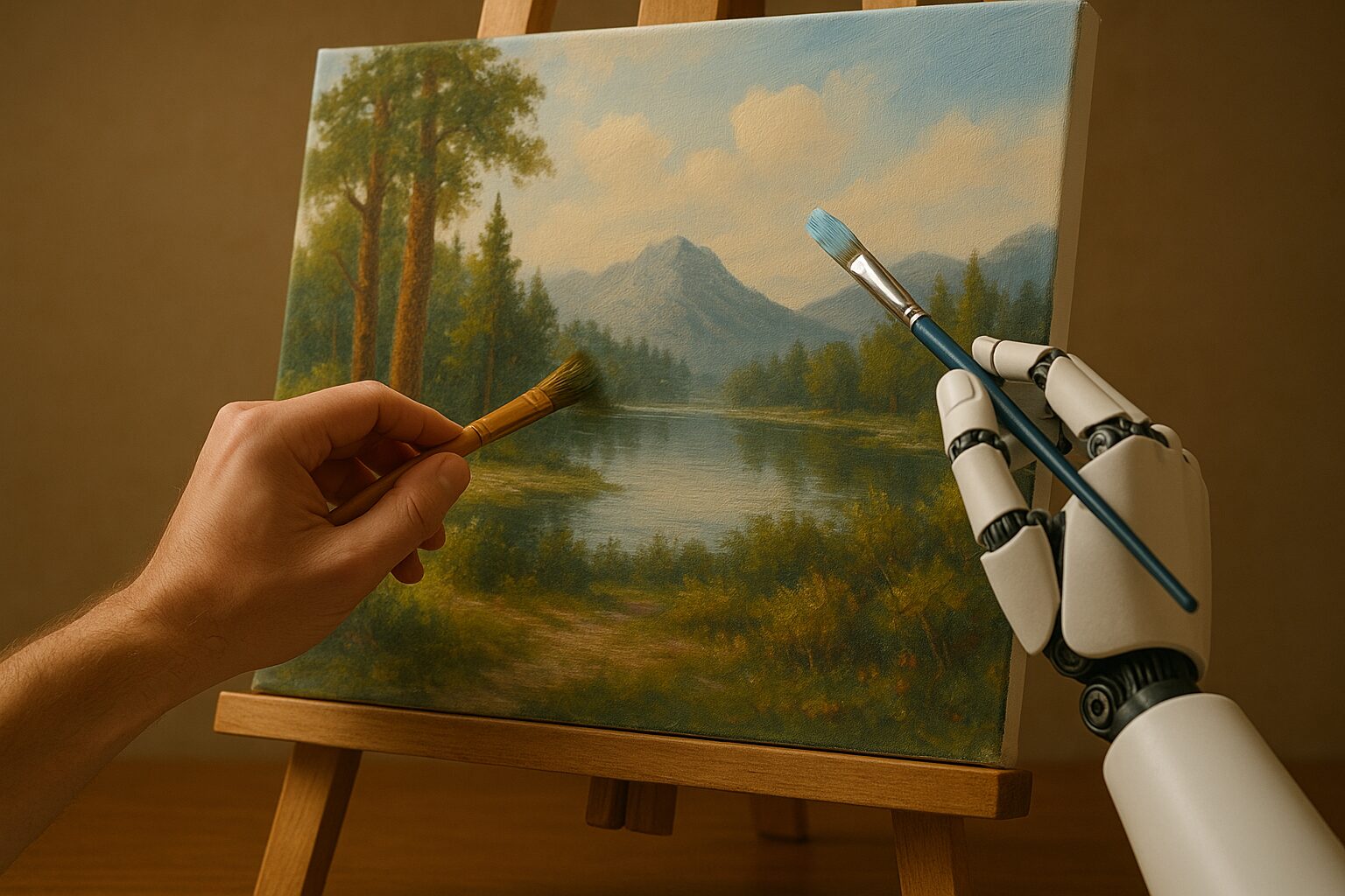 مشهد يجمع بين يد بشرية وأخرى آلية ترسم لوحة تُشبه المناظر الطبيعية الواقعية.