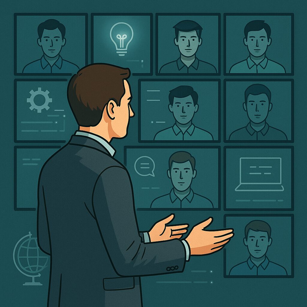 معلم بشري يقف أمام صف افتراضي تملؤه شاشات تعرض طلابًا رقميين وأيقونات تعلم ذكية.