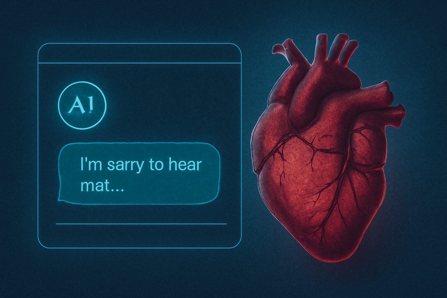 نافذة دردشة يظهر فيها رد تعاطفي من نموذج لغوي، وبجانبها قلب بشري ينبض خارج الشاشة.