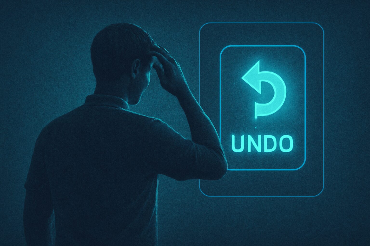 واجهة تطبيق تعرض زرّ “تراجع” مضيئًا، بينما يقف مستخدم متردد أمامه، في إشارة لاختصار الندم إلى فعل واحد لحظي.