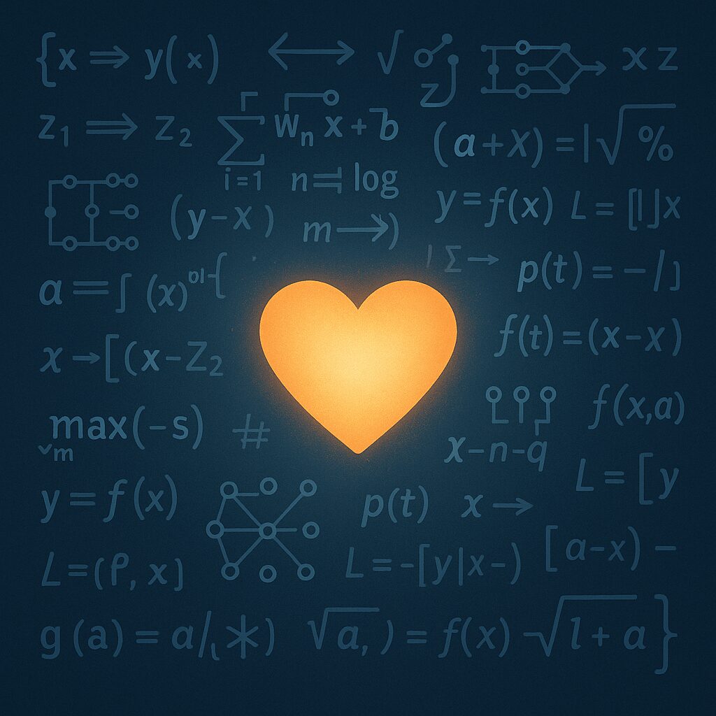 واجهة تعرض معادلات خوارزمية تحيط بقلب مضيء في المنتصف، ترمز إلى محاولة زرع العاطفة في الآلة.