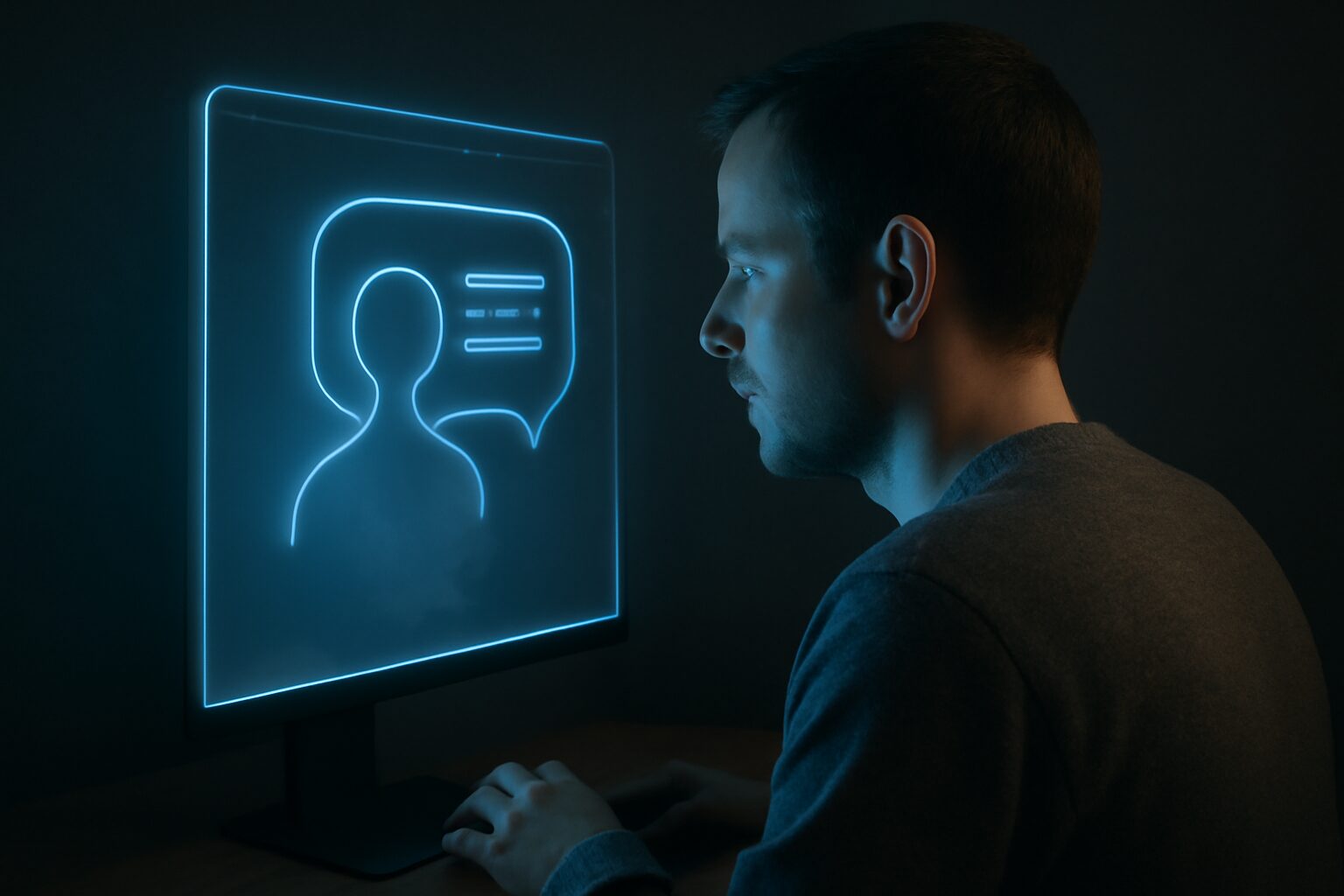 واجهة رقمية تتحدث إلى إنسان يجلس أمام شاشة، بينما ينعكس وجهه على زجاج الجهاز بشكل باهت وكأن هويته تتلاشى.