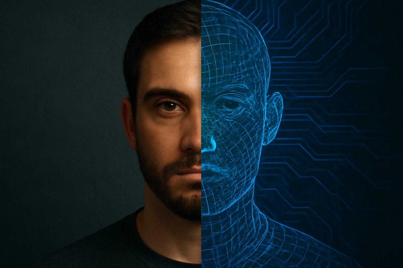 وجه إنسان نصفه حقيقي ونصفه مرسوم بخطوط خوارزمية، كأن الذات مقسومة بين عالمين.