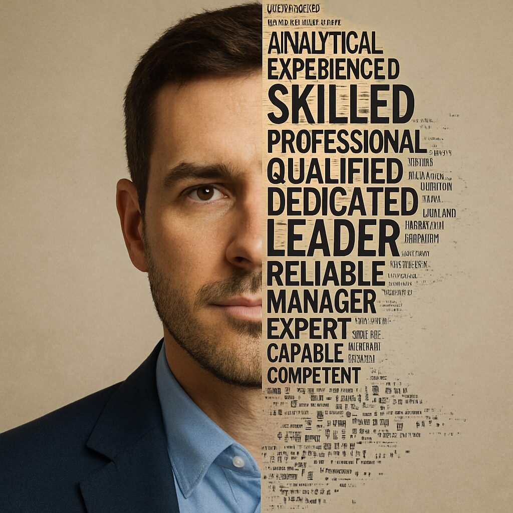 وجه إنسان نصفه من ملامح حقيقية، والنصف الآخر مكوَّن من كلمات نصية متطايرة تصف صفاته المهنية.