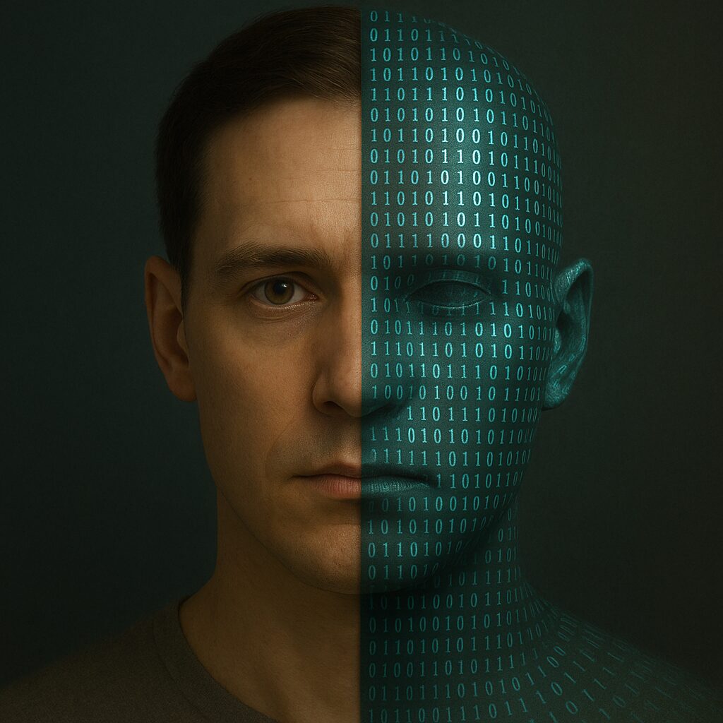 وجه إنسان نصفه واقعي ونصفه مكوَّن من شفرات بيانات، في إشارة إلى تداخل الحياة والموت داخل العالم الرقمي.