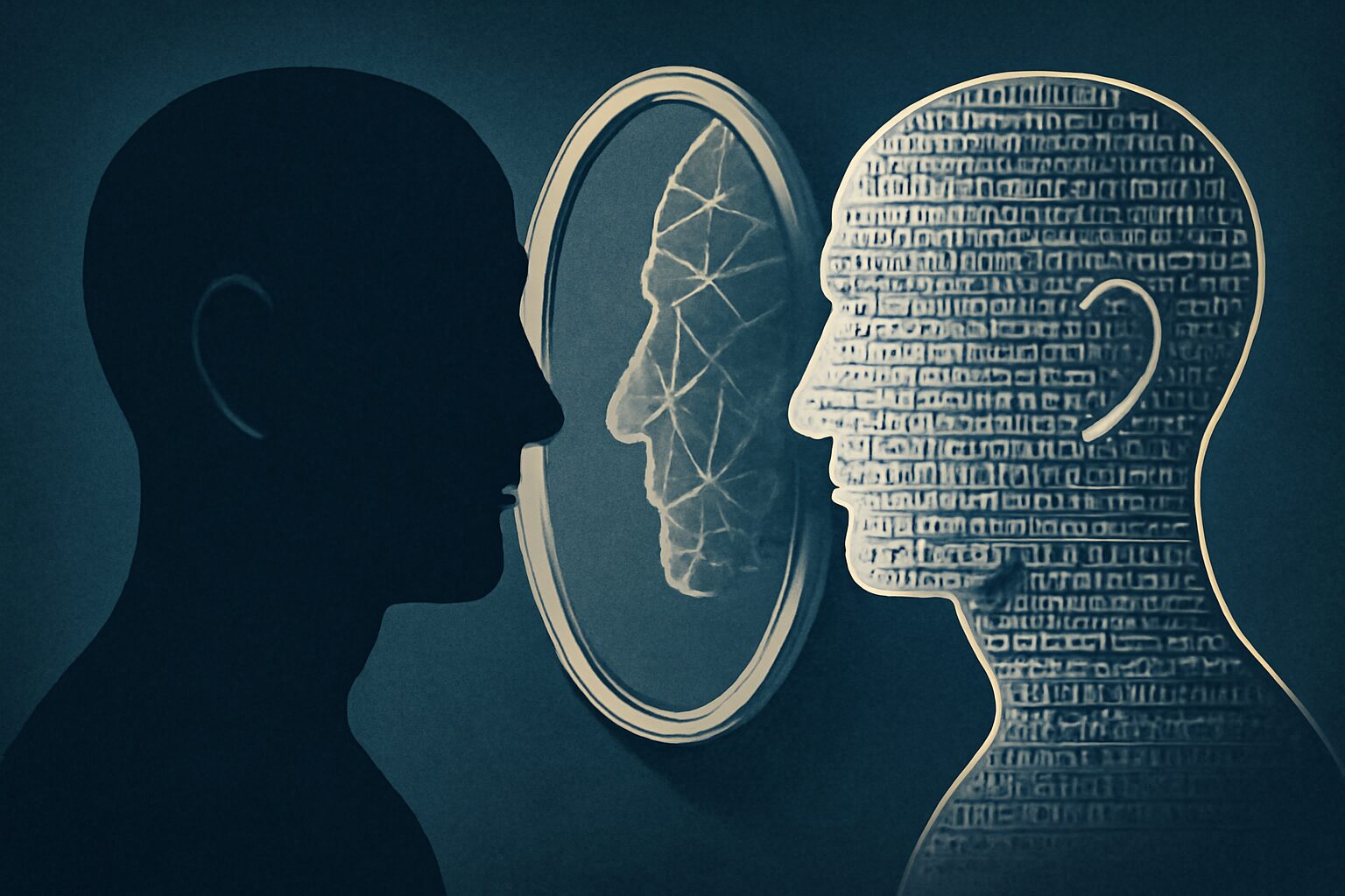 وجه إنسان يقابله وجه ذكائي مكوّن من رموز وشيفرات، بينهما مرآة تعكس مزيجًا من الاثنين.