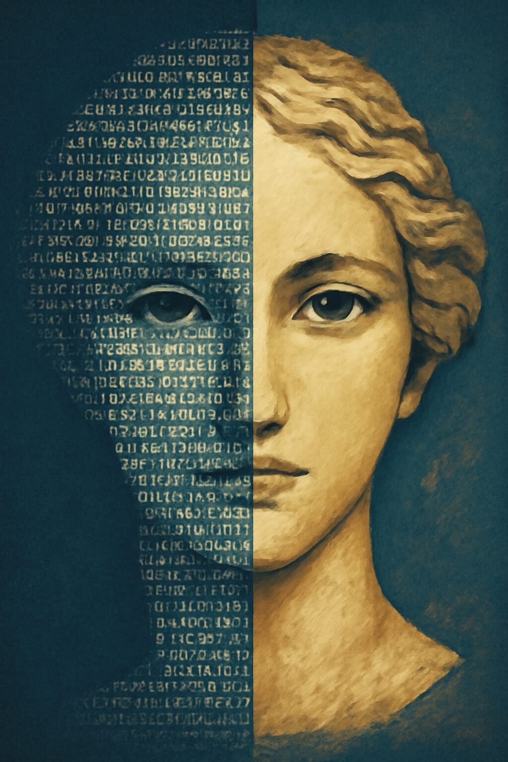 وجه فني توليدي مثالي التناسق، نصفه من بيانات رقمية والنصف الآخر من ضربات فرشاة حقيقية