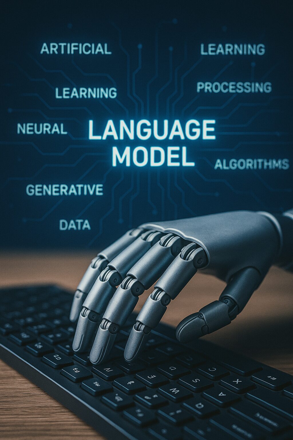 يد آلية تكتب على لوحة مفاتيح، بينما تتداخل فوقها كلمات مضيئة تمثّل الذكاء الاصطناعي اللغوي