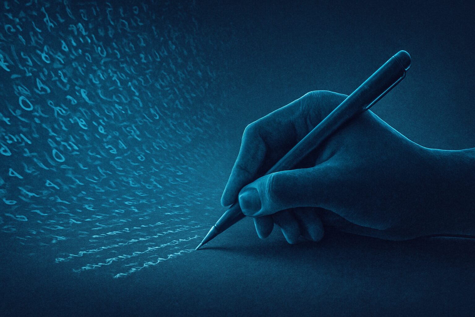 يد بشرية تكتب جملة تُقاوم موجة من كلمات رقمية تتدفق نحوها.
