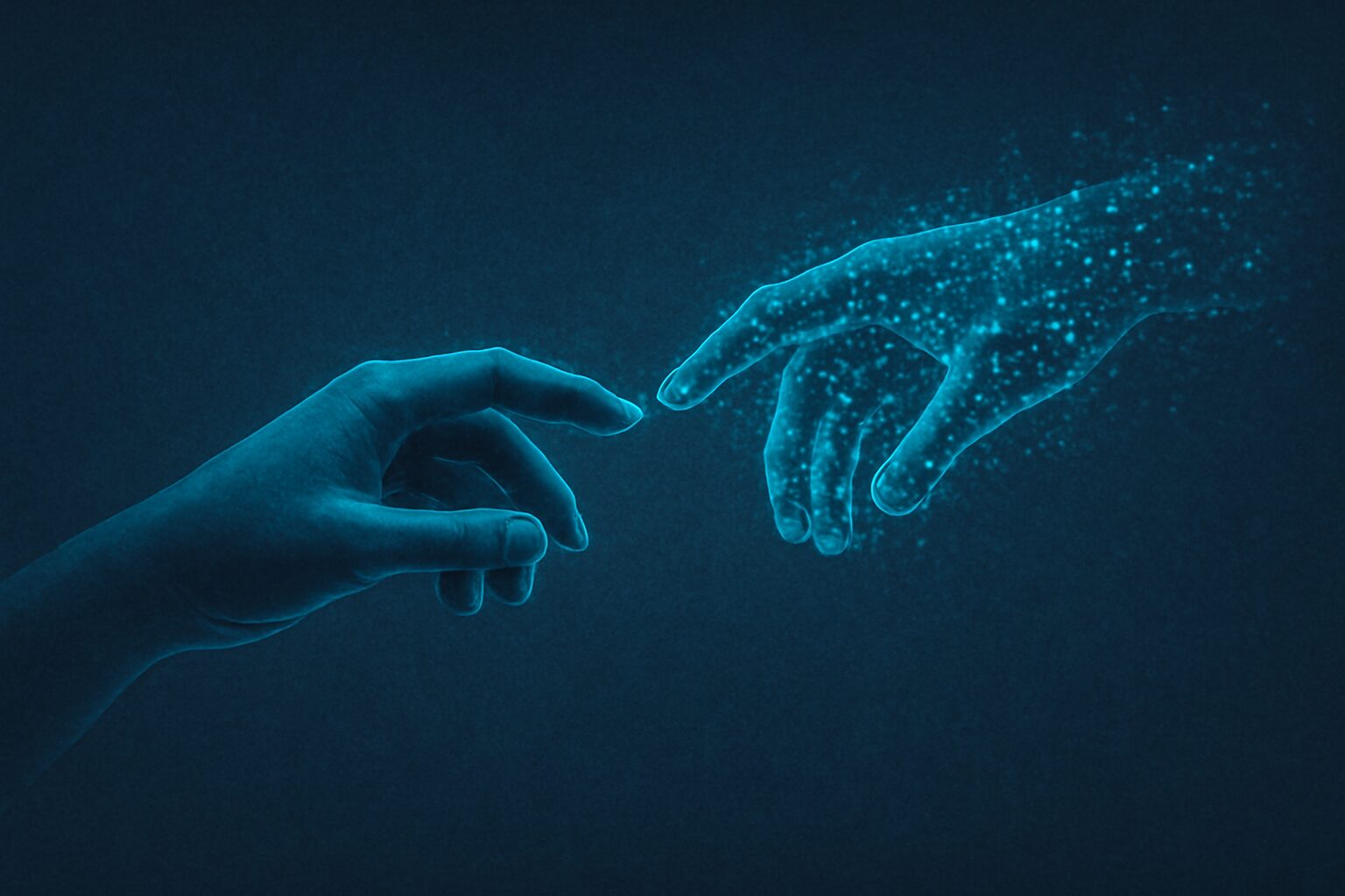 يد بشرية تمتدّ نحو يد رقمية تتشكل من وحدات ضوئية، في إشارة إلى انتقال عملية الإبداع من الذات إلى النظام.