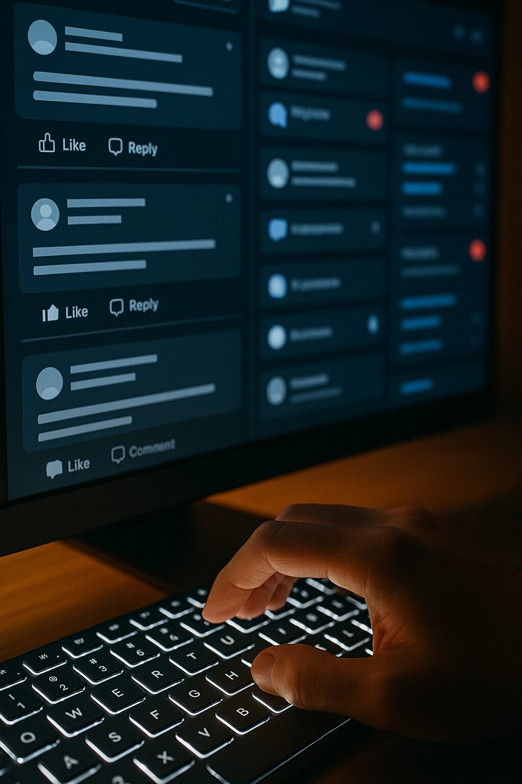 يد تكتب على لوحة مفاتيح مضيئة، وخلفها شاشة تمتلئ بالإشعارات والمشاركات اللحظية.