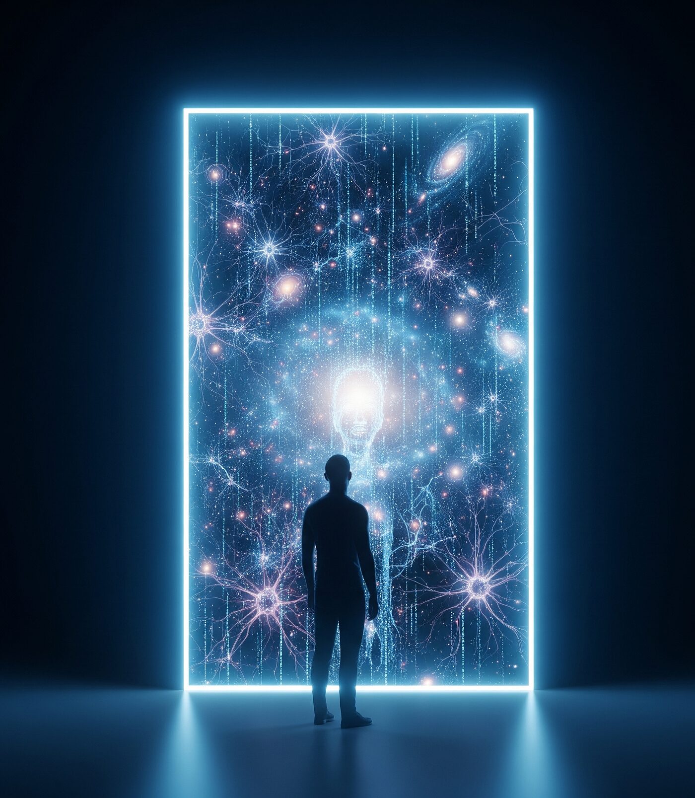 إنسان يقف أمام مرآة تُخفي شقوقه خلف طبقات من التحسين الرقمي