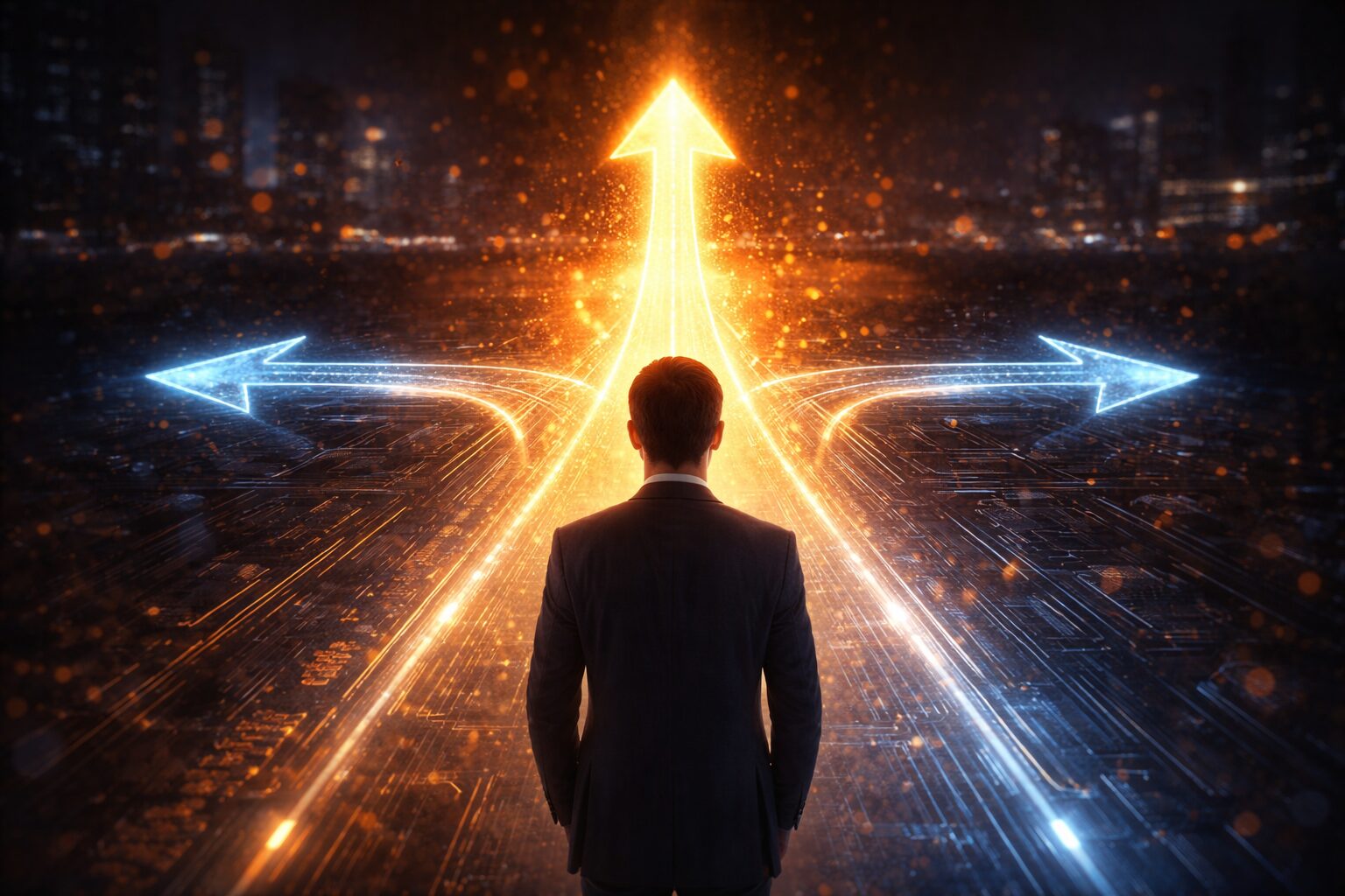 “إنسان عند مفترق طرق بينما تشير الأسهم الرقمية إلى مسار واحد مُضاء”