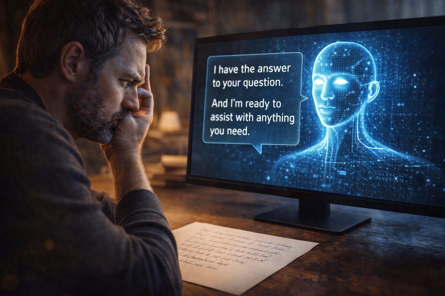 إنسان متردّد أمام شاشة، مقابل نظام يتحدث بلا أي تردد