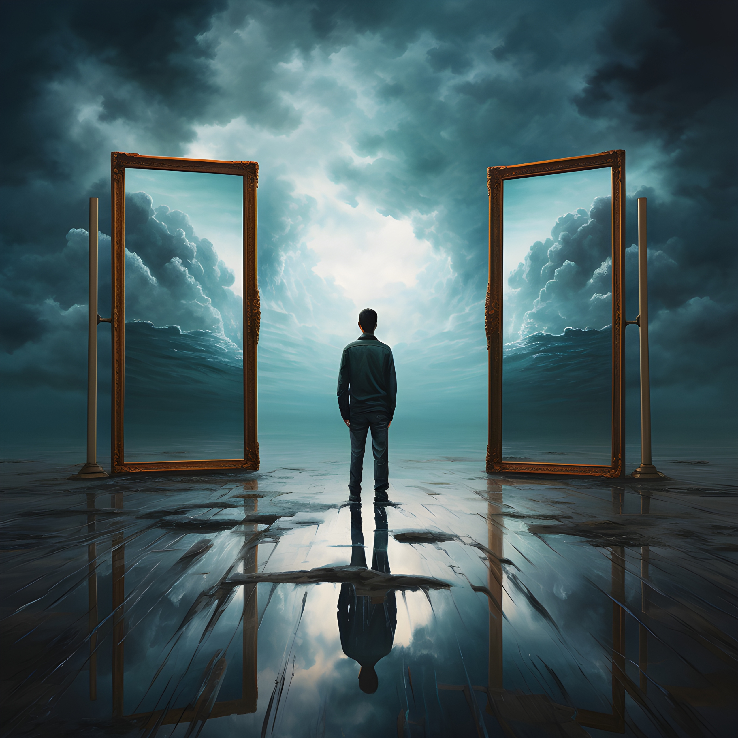 إنسان يقف أمام مرآة رقمية تعكس إبداعًا لا يحمل ملامحه