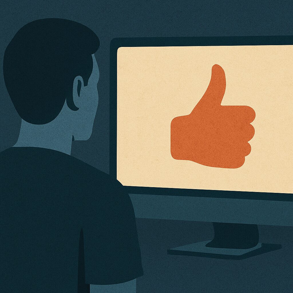 “إنسان ينظر إلى شاشة تعكس رغباته وكأنها مرآة رقمية”