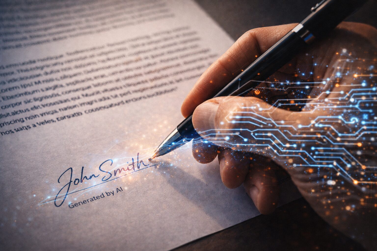 توقيع بشري أسفل نص مولّد آليًا مع تداخل رمزي بين اليد والخوارزمية