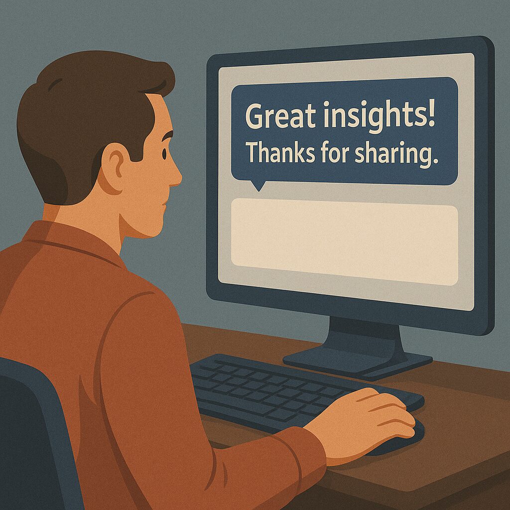ستخدم يجلس أمام شاشة تعرض تعليقًا جاهزًا يطغى على مساحة النص الفارغة
