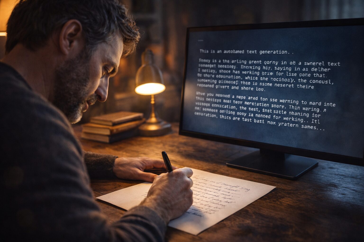 شاعر يكتب بخط اليد، مقابل شاشة تولّد نصًا آليًا في صمت