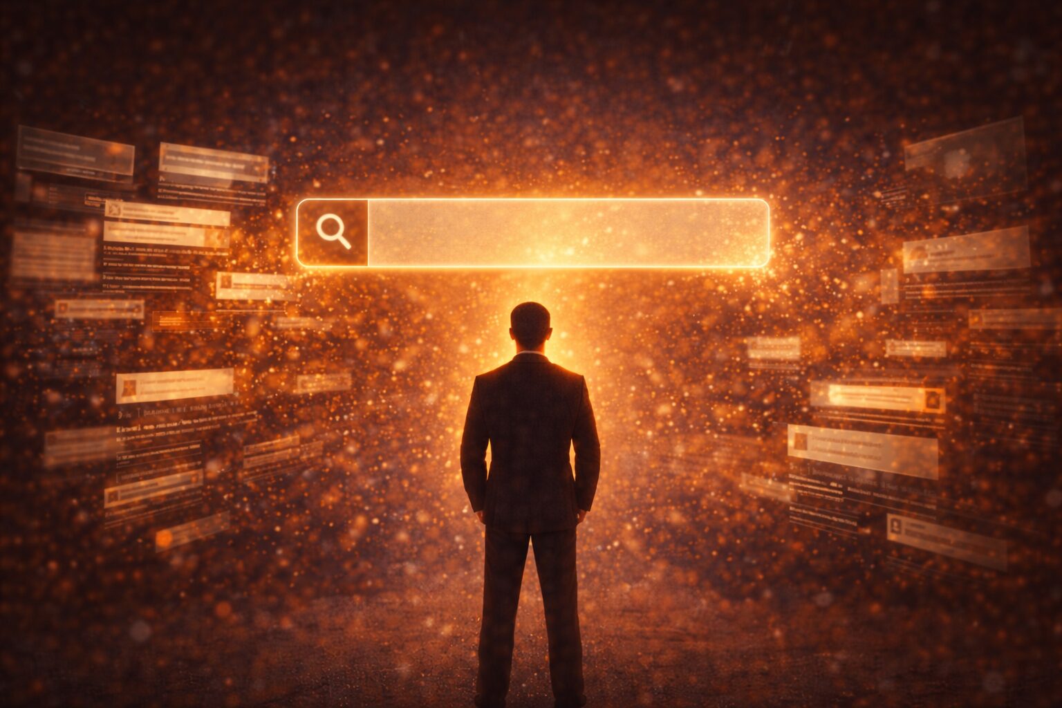“شخص يقف أمام واجهة بحث ضخمة بينما تتلاشى الإجابات من حوله”