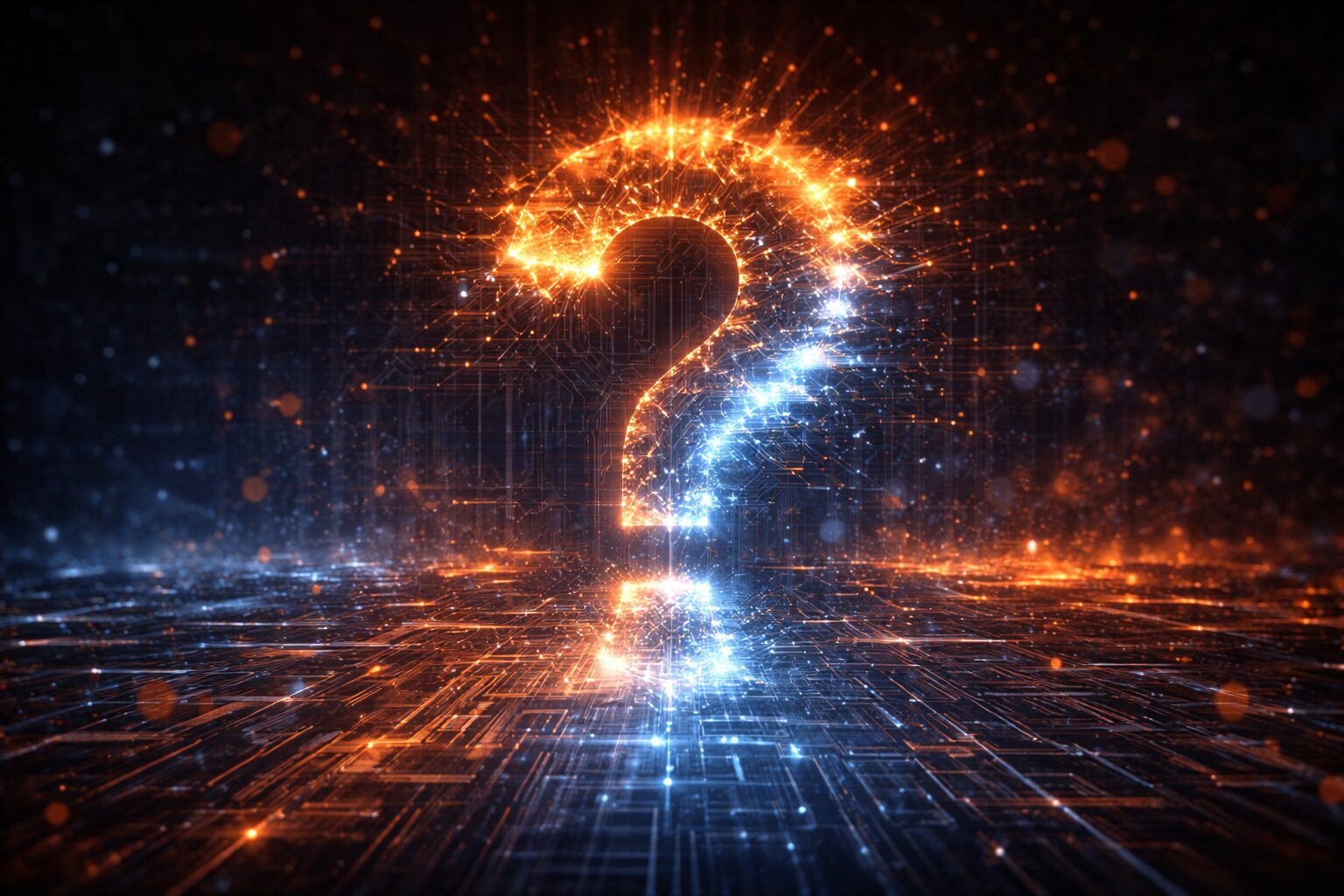 “علامة استفهام كبيرة تتآكل أطرافها داخل شبكة بيانات”