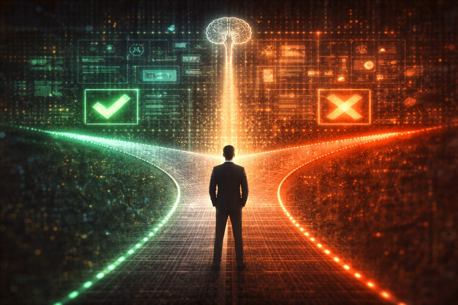 منطقة رمادية تُمحى تدريجيًا داخل واجهة قرار خوارزمية