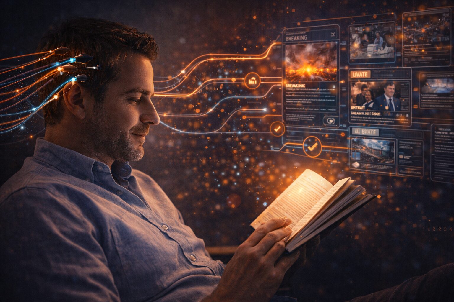 قارئ متصل بأسلاك بيانات تُغذّي القصة لحظة بلحظة