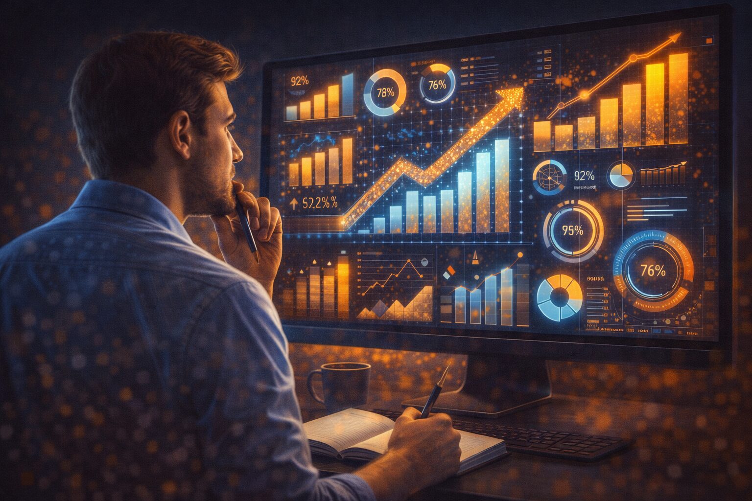 كاتب ينظر إلى شاشة تعرض مؤشرات أداء بدل الكلمات