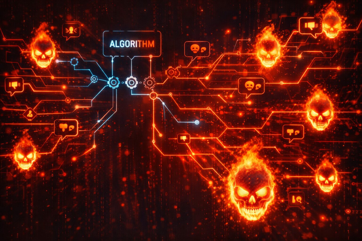 مخطط خوارزمي تتفرّع منه مسارات غضب وكراهية تتكاثر رقميًا