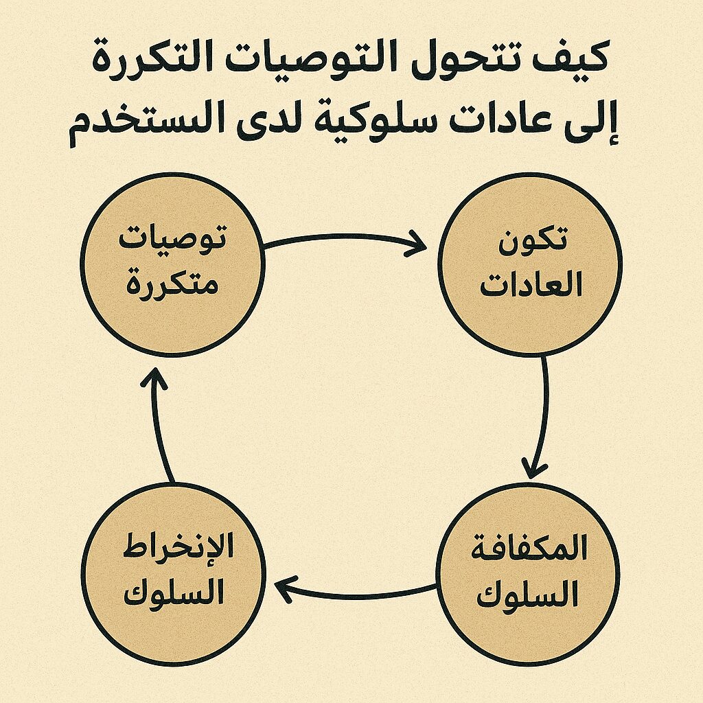 مخطط يوضح كيف تتحول التوصيات المتكررة إلى عادات سلوكية لدى المستخدم