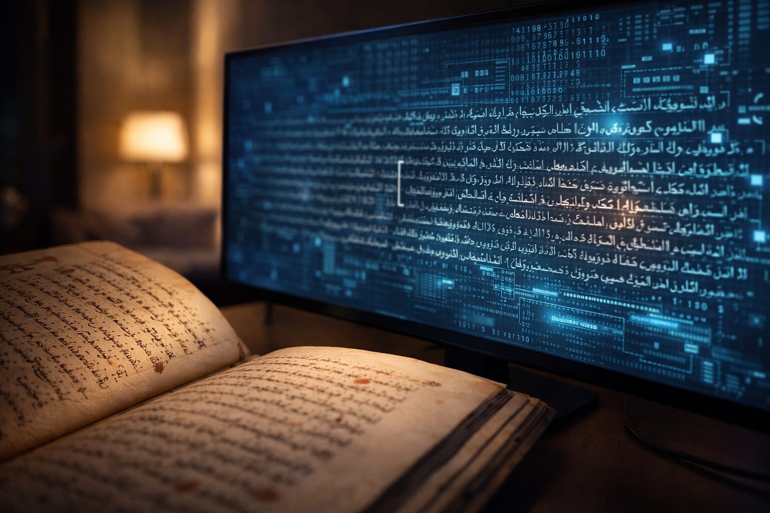 مخطوط ديني قديم ينعكس على شاشة حديثة بقراءة خوارزمية
