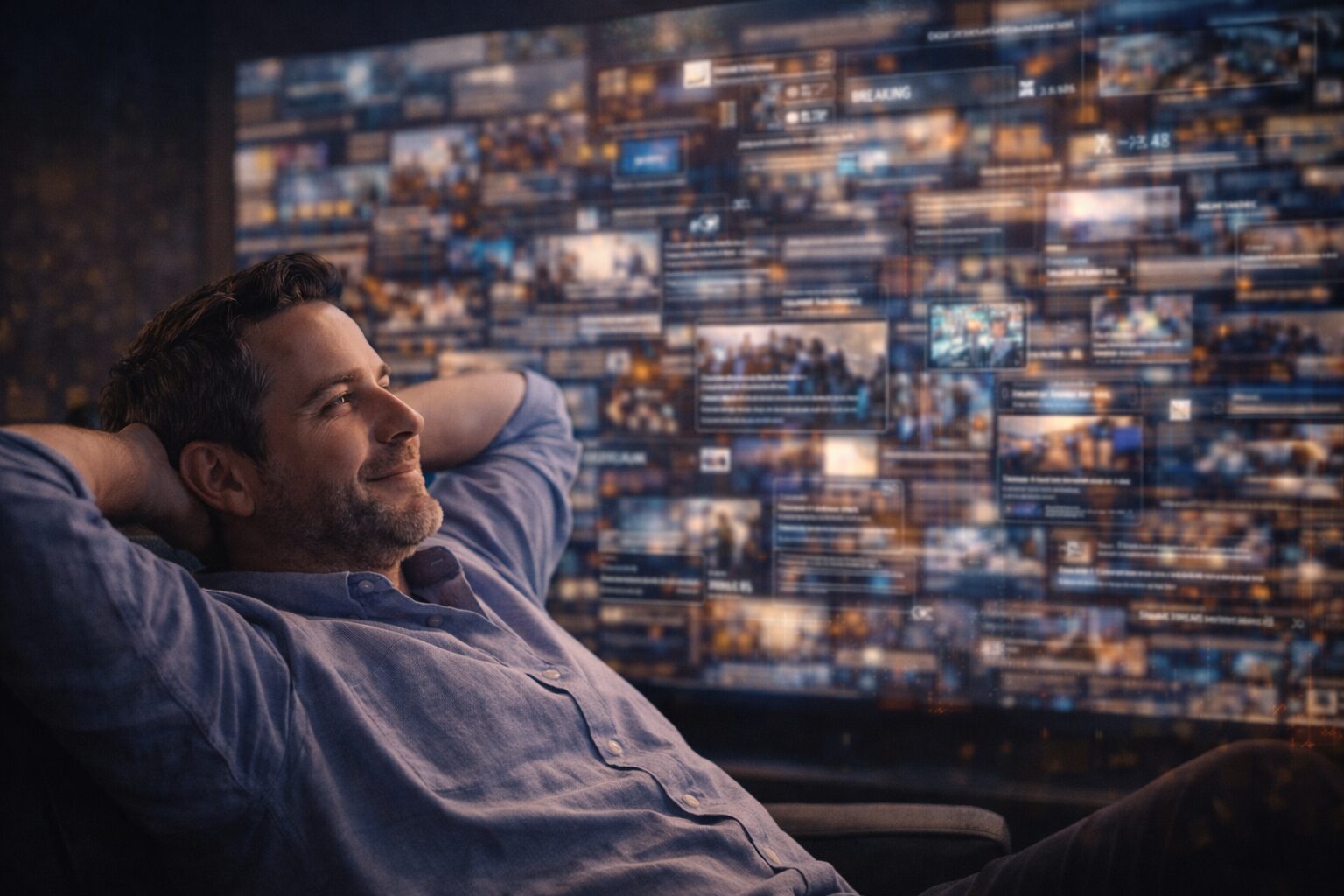 مستخدم مسترخٍ أمام شاشة ممتلئة بمحتوى بلا مضمون واضح