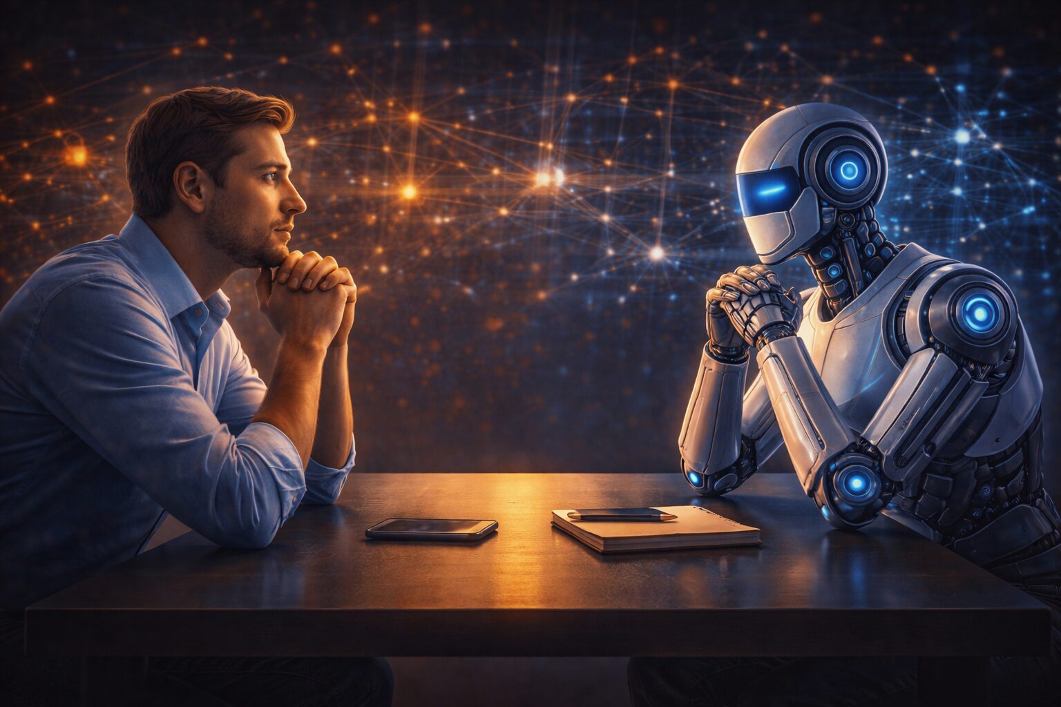 مستخدم وخوارزمية يجلسان على طاولة واحدة دون كلام