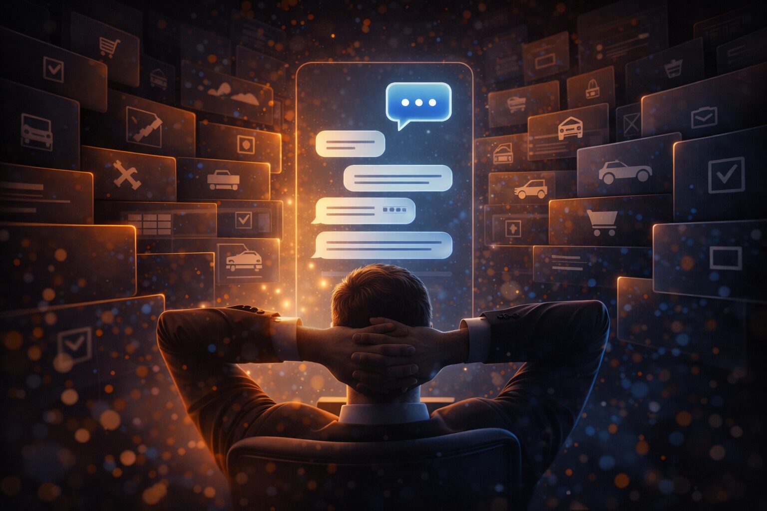 مستخدم يسترخي أمام واجهة محادثة، بينما تتقلّص حوله مساحات الاختيار