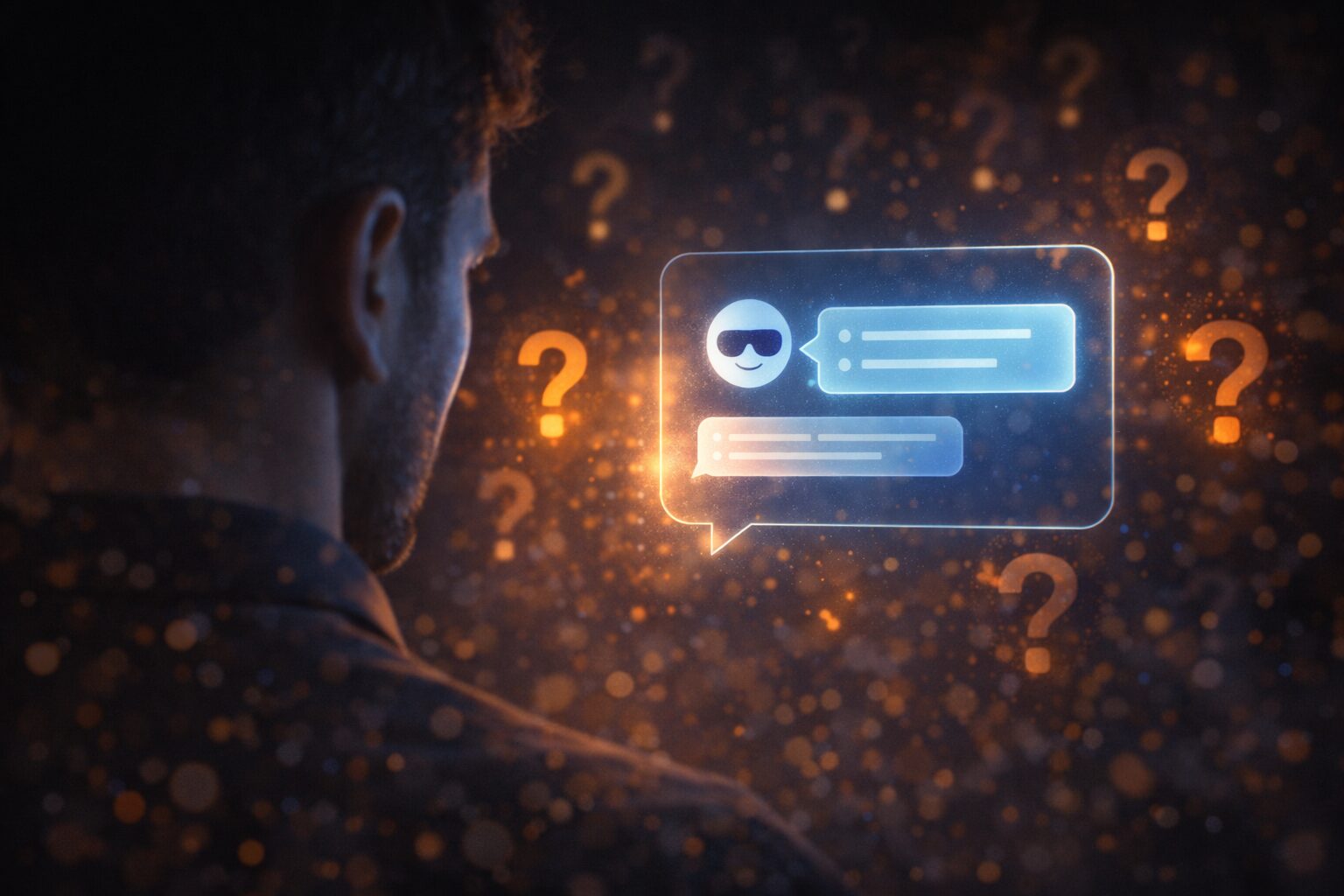 مستخدم ينظر إلى إجابة آلية واثقة بينما تظهر علامات استفهام خافتة حولها