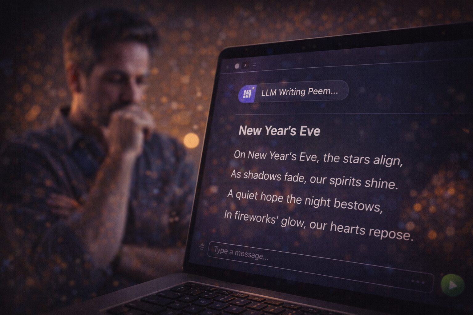 نموذج لغوي يكتب قصيدة على شاشة، بينما يقف شاعر بشري في الخلفية صامتًا