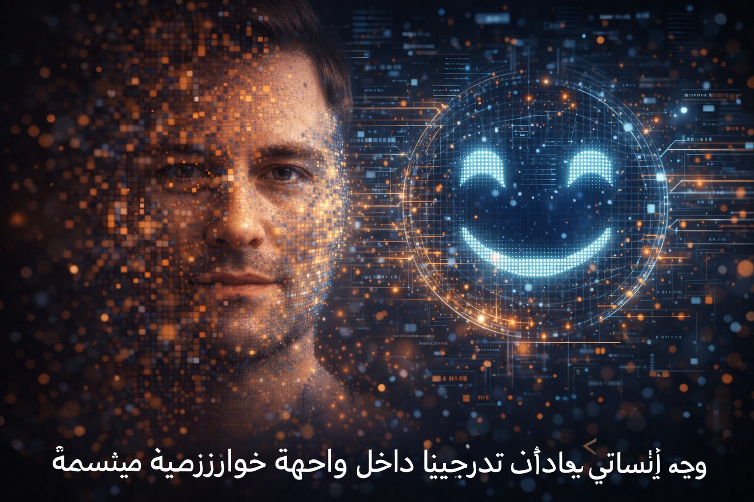وجه إنساني يذوب تدريجيًا داخل واجهة خوارزمية مبتسمة